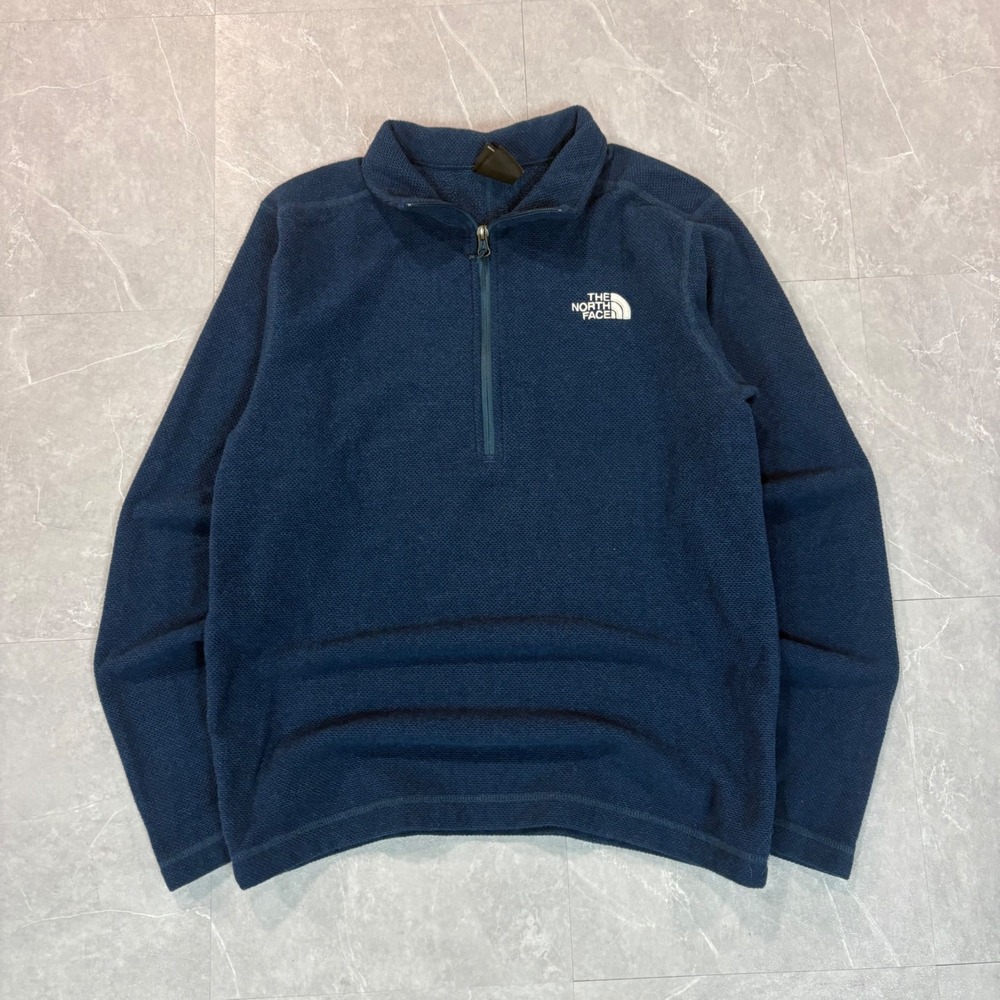 The North Face Men Navy Blue Textured Quarter Zip Fleece Pullover Sweater Size M